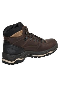 Braune Wanderschuhe aus Leder mit einem schwarzen Mesh-Kragen, Schnürdesign, verstärkter Zehenpartie und gummierter Laufsohle für verbesserte Traktion.