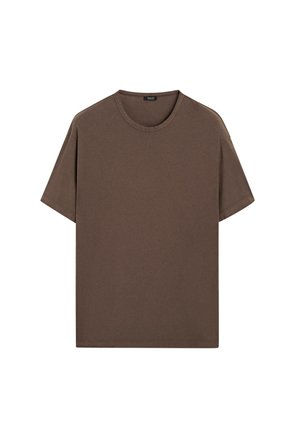 Bruine katoenen t-shirt met een ronde hals en korte mouwen. Eenvoudig ontwerp met een gelijkmatige textuur en een comfortabele pasvorm. Geen patronen of accenten.