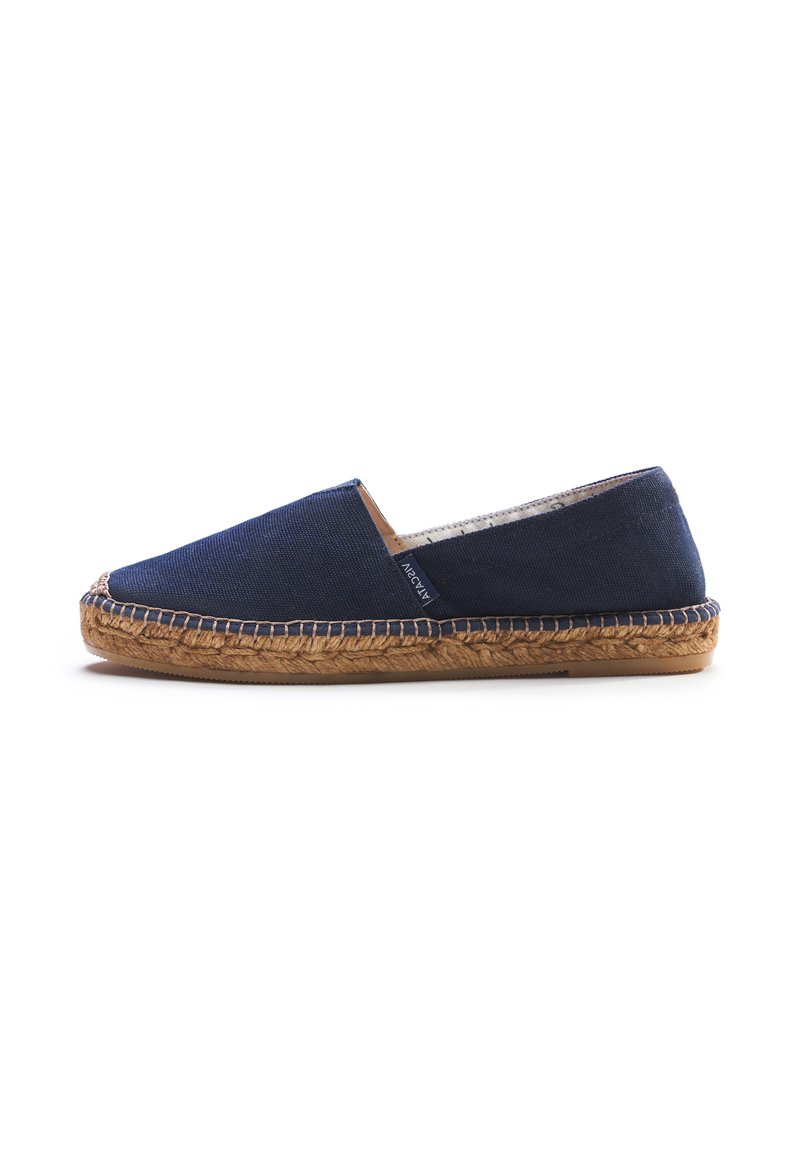Navy blue canvas espadrille with woven jute sole and visible stitching on white background.