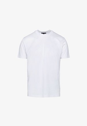 T-shirt bianco in cotone con scollo rotondo e maniche corte. Texture liscia, vestibilità standard, senza fantasie o elementi hardware visibili.