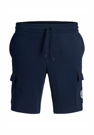 Muške kratke hlače tamnoplave boje s elastičnim pojasom, vezicama, bočnim džepovima i malim bijelim kružnim logotipom na desnom džepu.