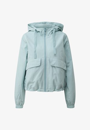 Hellblaue Kapuzenjacke mit Reißverschluss vorne, zwei Klappentaschen, elastischen Bündchen und verstellbaren Kordeln an der Kapuze.
