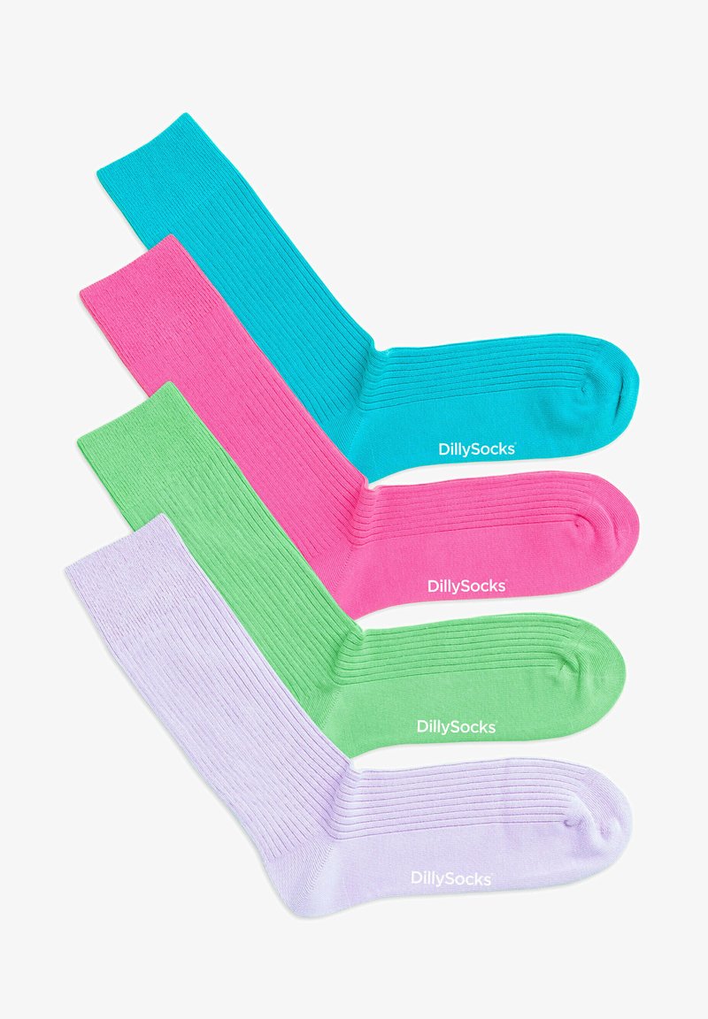 Quattro paia di calze corte colorate: azzurro chiaro, rosa, verde e lavanda. Ognuna presenta una texture a coste e un design a tinta unita.