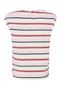 Haut à manches courtes rayé avec des bandes horizontales roses, bleues et marron sur fond crème. Tissu doux avec une coupe décontractée.