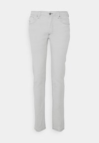 Jeans gris claro hechos de una mezcla de algodón, con un diseño clásico de cinco bolsillos, cierre con cremallera y detalles de costura sutiles.