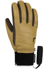 Tan og brun læderhandske med syede detaljer, elastisk håndledsmanchet og justerbar rem for en sikker pasform. Har forstærkede fingerspidser.