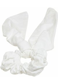 Vitt bomullshåraccessoar-set, inkluderar en scrunchie och två långa band. Texturerad, mjuk tyg med ett svävande mönster för varierad styling.