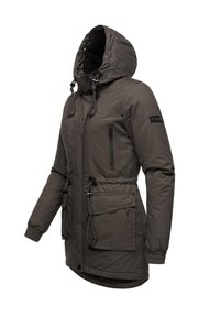 Gray parka jacket with a hood, featuring adjustable drawstrings, two front pockets, and a zippered chest pocket. Smooth texture.