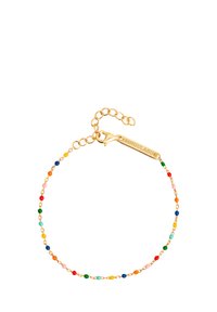 Bracciale in oro con perline multicolori, caratterizzato da un design a catena e un gancio a granchio. Include un'etichetta incisa con la scritta "SINGULAR."