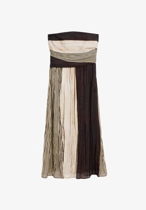 Strapless maxi dress featuring striped and solid panels in black, cream, and taupe. Lightweight, flowing fabric with textured pleats.