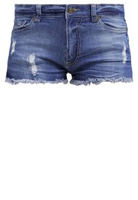 Farkkushortsit, joissa on kulutettu sininen pinta, rispaantunut helma ja useita repeämiä. Edessä napillinen suljenta ja tavallinen viiden taskun malli.