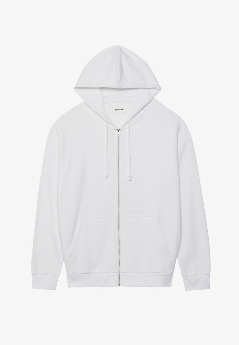 Fehér zipzáros kapucnis pulóver, bélelt kapucnival, két elülső zsebbel, bordás mandzsettákkal és sima pamut textúrával.