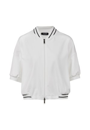 White short-sleeve zip-up jacket with black-striped ribbed collar and hem, loose fit and elasticated sleeve cuffs.