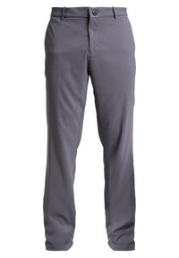 Raka grå byxor med framknäppning och dragkedja, sidofickor och bälteshällor, visade mot en vit bakgrund.