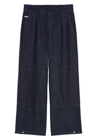 Tmavě modré široké kalhoty z denimu s elastickým pasem, dvěma předními kapsami, kontrastním švem a patentkou na lemu.