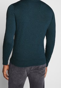 Maglione morbido in maglia color petrolio scuro con maniche lunghe, orlo e polsini a coste, vista posteriore. La trama sottile aggiunge profondità al tessuto.