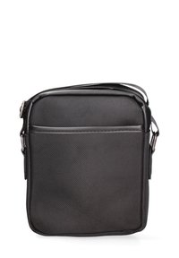 Borsa a tracolla nera in nylon testurizzato, con una tasca con zip frontale e una tracolla regolabile. Forma quadrata con un design minimalista.