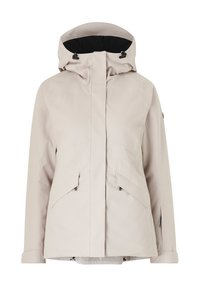 Lys beige vandtæt jakke med høj krave, justerbar hætte, frontlynlås og to sidelommer. Glat tekstur med sømløst design.