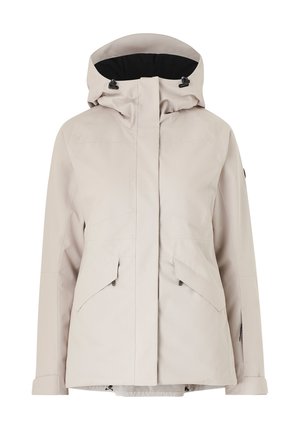 Light beige waterproof jacket with a high collar, adjustable hood, front zipper, and two side pockets. Smooth texture with seamless design.