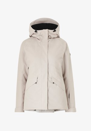 Light beige waterproof jacket with a high collar, adjustable hood, front zipper, and two side pockets. Smooth texture with seamless design.