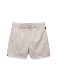 Korte beige shorts van textuurstof, met een elastische tailleband en zijzakken. Subtiel patroon en logo op de voorkant.