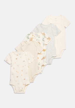 Cinq bodies bébé à manches courtes dans des tons neutres, présentant des motifs d'oiseaux et de nature, des rayures et des couleurs unies, disposés en éventail.