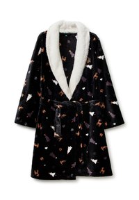 Zwarte pluchen badjas met witte, pluizige sjaalkraag, ceintuur en feestelijk patroon van bomen, rendieren, harten en sneeuwvlokken in bruin, wit en paars.