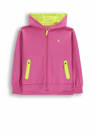 Różowa kurtka z kapturem na zamek błyskawiczny, z neonowozółtą siateczkową podszewką kaptura i ozdobami zamków na kieszeniach, elastycznymi mankietami i małym logo na piersi.