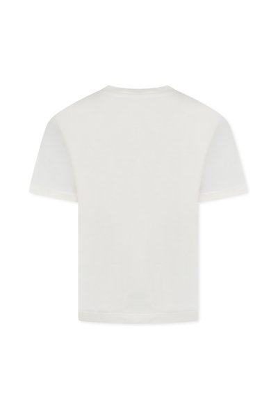 T-shirt bianco a maniche corte con scollatura rotonda e taglio dritto. Realizzata in tessuto liscio con una leggera lucentezza, senza loghi o motivi visibili.