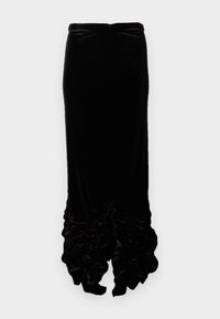 Svart fløyelskjørt med tettsittende silhuett og volangkant. Myk tekstur og glatt finish, med en rynket design nederst.