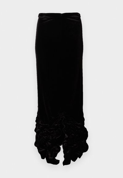 Jupe en velours noir avec une coupe ajustée. Dotée d'un ourlet froncé, créant de la profondeur et de la texture. Tissu lisse avec un léger éclat.