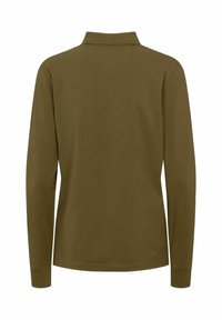 Hosszúujjú pólóing olíva zöld pamutból, klasszikus gallérral és egyenes szegéllyel. Simább textúra, látható minták vagy kiegészítők nélkül.