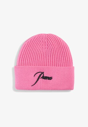 Rosa gestrickte Mütze mit strukturiertem Rippdesign. Mit einem schwarzen, gestickten "Puma"-Logo am umgeschlagenen Bund. Abgerundete Spitze.