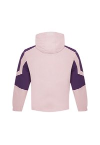 Ljusrosa huva jacka med lila detaljer, med färgblockdesign och långa ärmar. Slät tyg med minimala sömnadsdetaljer.