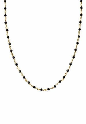 Collar de cadena de oro con cuentas negras, distribuidas de manera uniforme, con un acabado suave y un diseño de eslabones retorcidos. Adecuado para uso casual o formal.