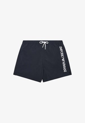 Costume da bagno blu navy in tessuto leggero, con coulisse bianca e marchio "EMPORIO ARMANI" sul lato sinistro.