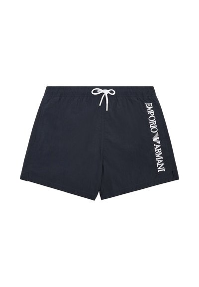Costume da bagno blu navy in tessuto leggero, con coulisse bianca e marchio "EMPORIO ARMANI" sul lato sinistro.