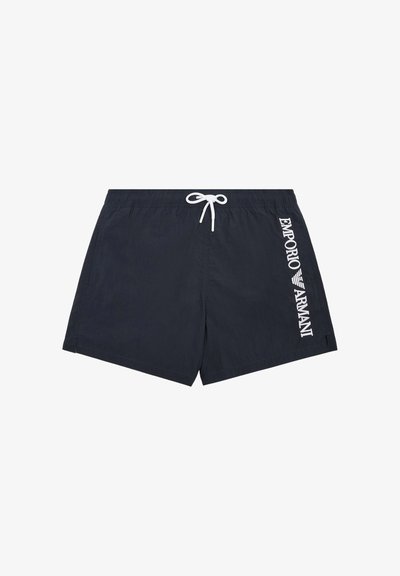 Costume da bagno blu navy in tessuto leggero, con coulisse bianca e marchio "EMPORIO ARMANI" sul lato sinistro.