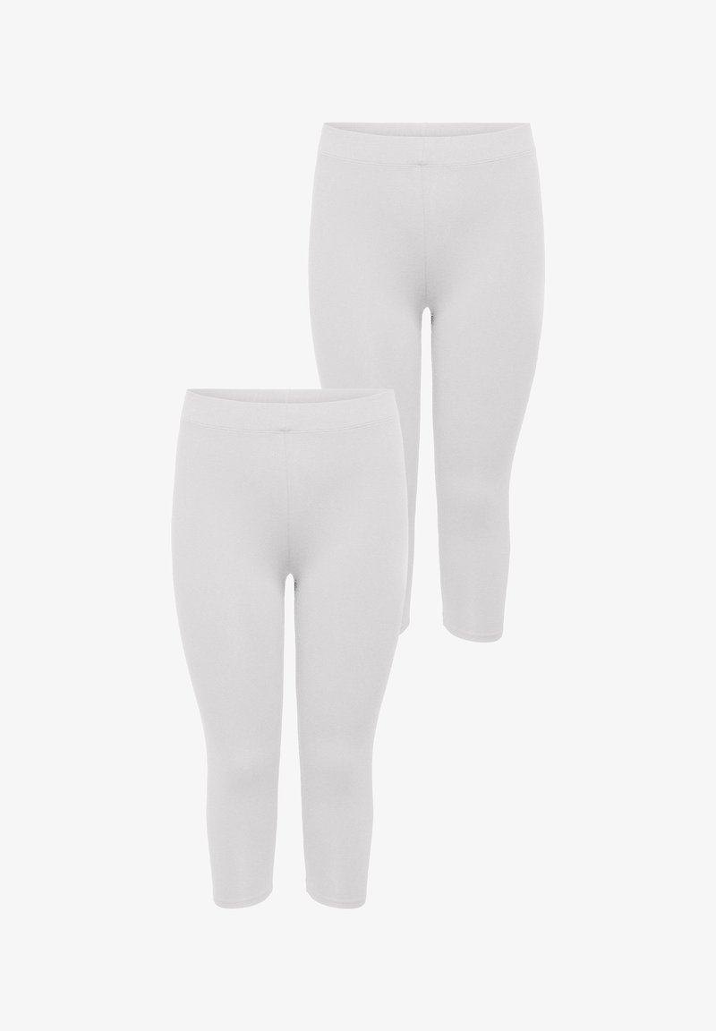 Weiße, dehnbare Leggings mit glatter Textur und elastischem Taillenbund. Das Design bietet eine verkürzte Länge, die für verschiedene Aktivitäten geeignet ist.