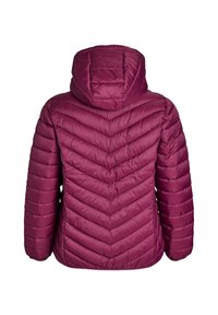 Lapse suuruses maroon värvi puffer-jakk kapuutsiga, seljal chevron õmblused ning elastne krae ja alumine äär.
