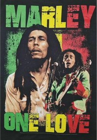 Sort t-shirt med to portrætter af Bob Marley, med teksten "MARLEY" i grønt og gult og "ONE LOVE" i grønt og rødt, teksturerede farver.