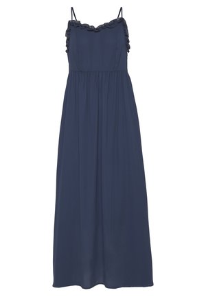 Vestido largo azul marino con tirantes con volantes, bodice ajustado y falda fluida. Tejido suave, diseño sencillo y sin patrones visibles ni accesorios.