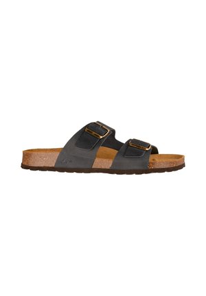 Black leather slide sandal with two adjustable straps, gold buckles, cork footbed, and dark brown sole, shown from the side.