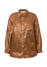 Braune metallische langärmlige Hemdbluse mit Kragen, einer einzelnen Brusttasche und einer glatten, glänzenden Textur. Mit weißen Knöpfen.