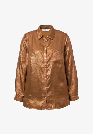 Hnědá metalická košile s dlouhým rukávem, s límečkem, jednou náprsní kapsou a hladkou, lesklou texturou. Obsahuje bílé knoflíky.