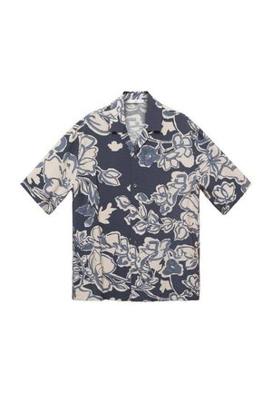 Camicetta a maniche corte con uno sfondo blu navy e grandi motivi floreali in crema e azzurro chiaro. Bottoni sul davanti e colletto classico.