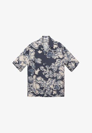 Camicetta a maniche corte con uno sfondo blu navy e grandi motivi floreali in crema e azzurro chiaro. Bottoni sul davanti e colletto classico.