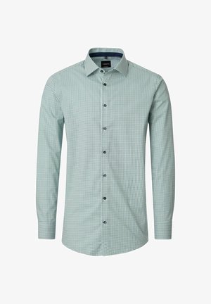 Jasnoniebieska męska koszula wizytowa z długim rękawem, ozdobiona drobnym, powtarzającym się ciemnym wzorem geometrycznym oraz czarnymi guzikami z przodu.