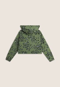 Hoodie vert raccourci avec un imprimé léopard noir et blanc, en coton, à manches longues et avec une capuche à cordons.