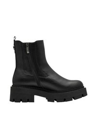 Bottes en cuir noir à la cheville avec une semelle épaisse et texturée et un détail de fermeture éclair sur le côté. Design épuré avec un bout arrondi.